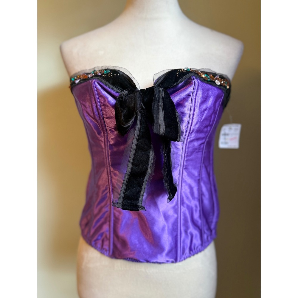 Fredericks of Hollywood Purple Satin Corset Bustier Top Beaded Bow y2k fairy 34